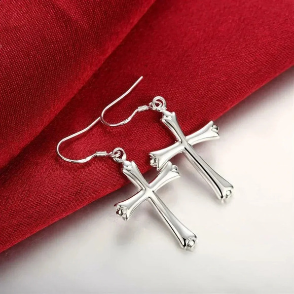 925 Sterling Silver Cross Dangle Earrings - Picture 4 of 6